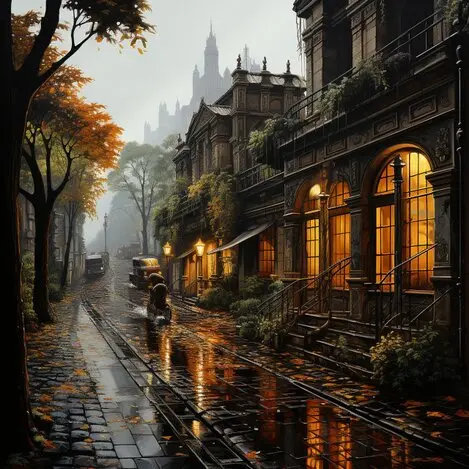 Eine Straßenszene im Regen mit älteren und vornehmen Häusern auf der rechten Seite, deren beleuchtete Fenster sich auf der nassen Straße spiegeln und auf der linken Seite stehen einige Bäume.
